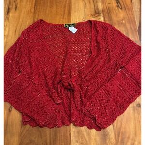 Red Tie Front Sweater Cardigan Crop Y2K VTG Crochet Holiday Indie Coquette Large